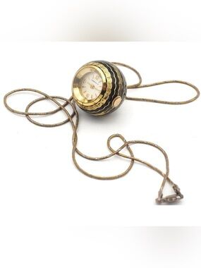 Vintage Black enamel and Gold Pendant Watch Necklace
